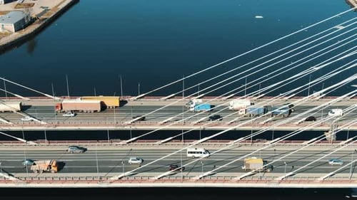 Aerial View, Car Traffic Moves on Cable-stayed Bridge