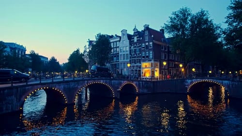 Amterdam Canal, Bridge and Medieval Houses in the Evening