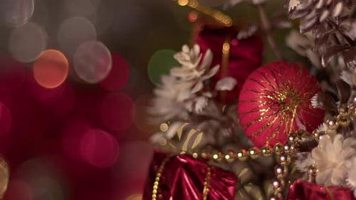 Close up of Christmas tree decorations and gifts