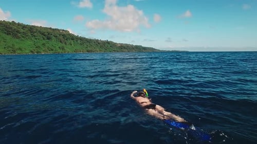 Drone Aerial View on Female Swimming and Snorkeling on Water Surface of Tropical Sea