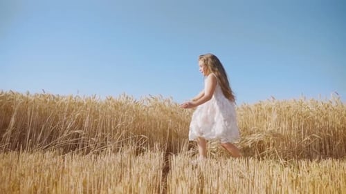 Longhaired Little Girl Enjoys Running in Ripe Wheat Field
