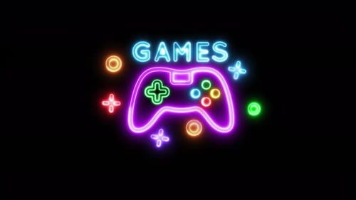 Spiele Neonschild, helles Schild, helles Banner. Spiellogo Neon, Emblem
