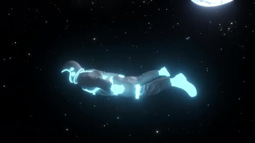 Futuristic Astronaut Floating in Space with Glowing Suit