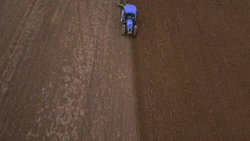 Agricultural Work in the Field, Two Blue Tractors Plow the Land