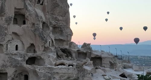 Aerial Cinematic Drone View of Colorful Hot Air Balloon Flying Over Cappadocia