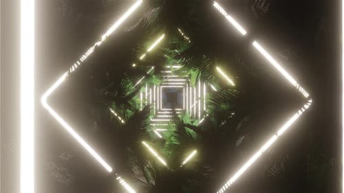 Futuristic Neon Tunnel with Tropical Leaves Motion Background