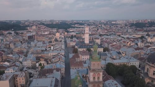 Aerial City Lviv, Ukraine. European City. Popular Areas of the City. Town Hall