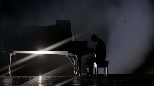 Dramatic Piano Player Silhouette in Rain Under Spotlight