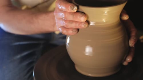 Man Makes Jug in Pottery Workshop Clay Product Authentic Atmosphere Background Footage