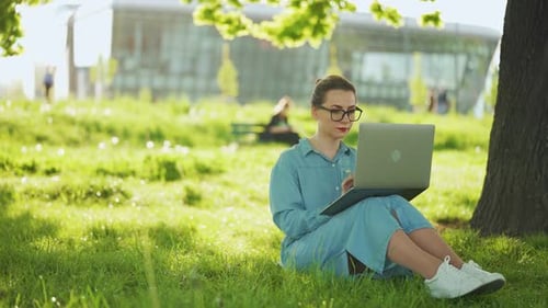 Busy Attractive Woman Working at the Laptop As Sitting on Grass in City Park at Sunset