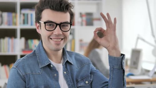 Okay Zeichen von zufriedenen kreativen Mann