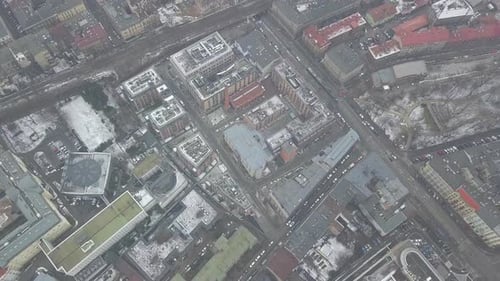 AERIAL: Birds View of Krakow City Poland in Winter, Snow