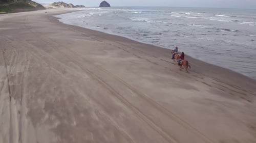 Aerial view of women riding horses at beach