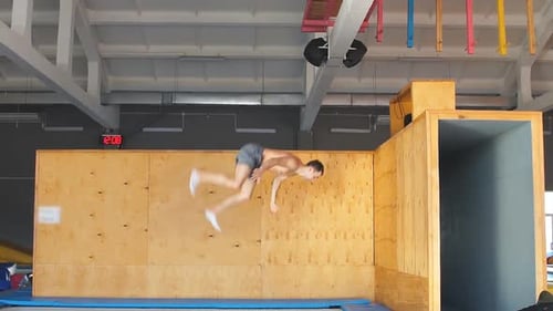 Man Performing Acrobatics on Trampoline and Wall