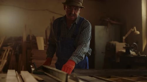 Craftsman Cutting Wood with Table Saw in Workshop