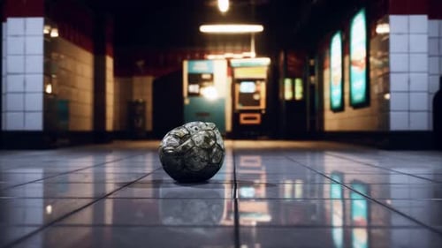Pelota de fútbol vieja en un metro vacío