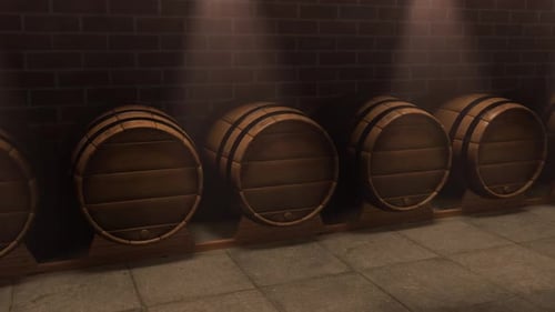 Weinkeller mit Eichenholzfässern mit luxuriösen Whiskey-, Bier- oder Alkoholgetränken