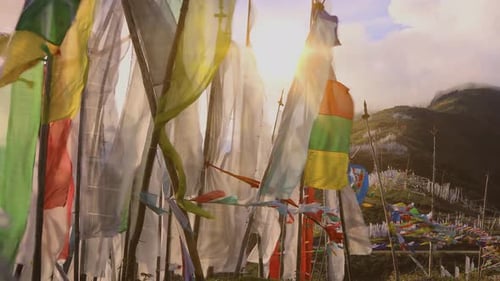 Buddhist Prayer Flags Blowing In The Wind.