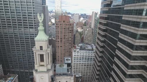 Flying over Manhattan district of New York City, USA