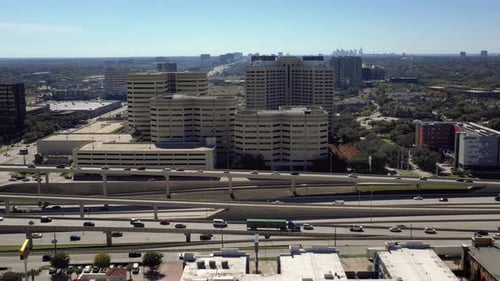 Aerial of highway and traffic into Dallas Texas, USA. 4K