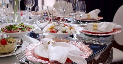Close Up View Tables in Restaurant Ready for Dinner Served for Party Wedding