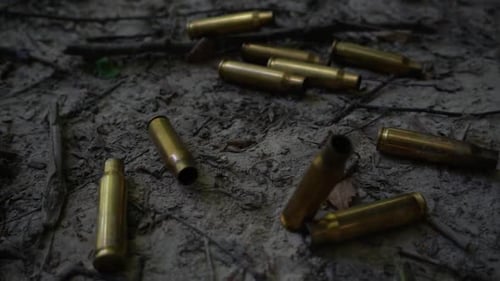 Bullet casings fall to the ground. Shooting in the forest. Slow motion.