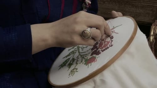 Woman Does Needlepoint Embroidery Close Up