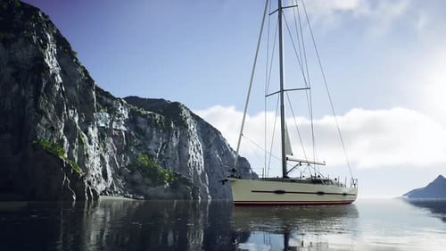 Yacht in the Sea with Greeny Rocky Island