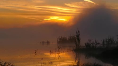 Landscape with Sunrise on River in Fog