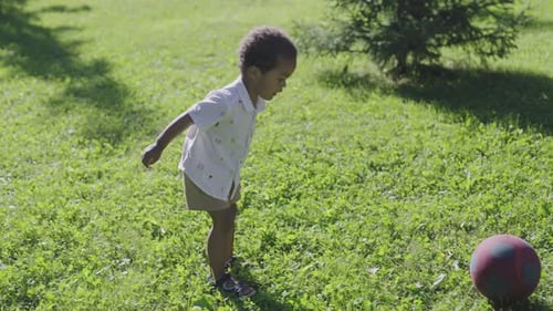 Little African Boy Playing with a Ball in the Park