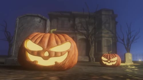 Eerie Halloween Pumpkins Glowing in Spooky Graveyard Scene