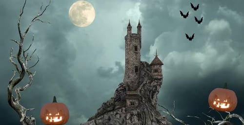 Spooky Halloween Grunge Text Reveal with Castle, Bats, and Pumpkins