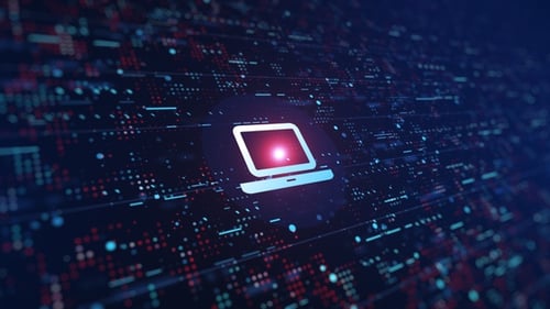 Animated Laptop Icon with Flowing Futuristic Digital Data