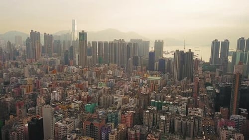 Aerial view of Hong Kong Downtown. Financial district and business centers in urban city. Top view.