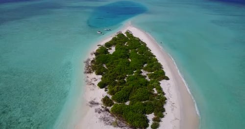 Tropical drone island view of a summer white paradise sand beach and turquoise sea background