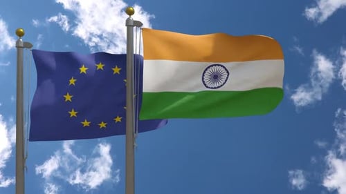 European Union Flag Vs India Flag On Flagpole