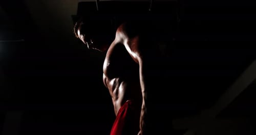 A man with a beautiful body, sexy press, in the gym, does an exercise for biceps using a dumbbell