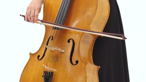 Woman Is Playing the Violoncello on White Background. Right Female Hand with Ring on Finger. Close