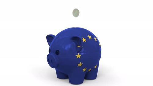 Coins Fall Into Piggy Bank Painted with Flag of the EU