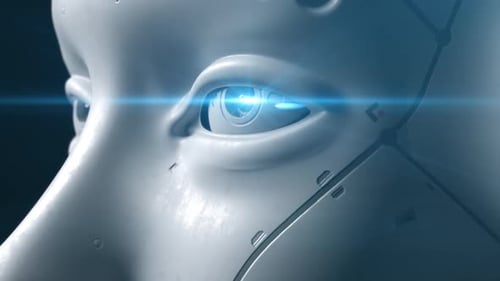the robot's head. the camera moves slowly from close-up to overall showing the robot