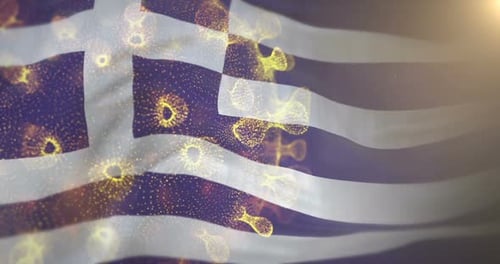 Waving Greece Flag with Digital Virus Particles Overlay