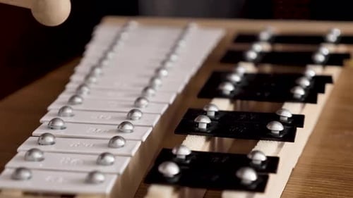 Hand Playing Xylophone With Mallet Close Up