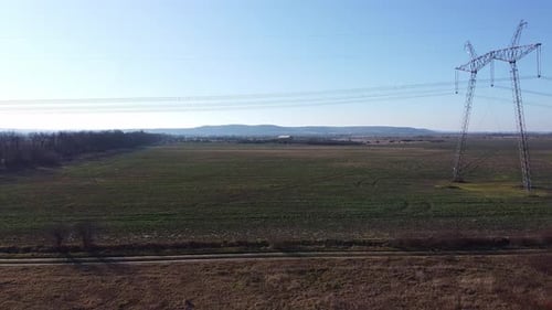 Aerial View of Rural Fields and Power Lines