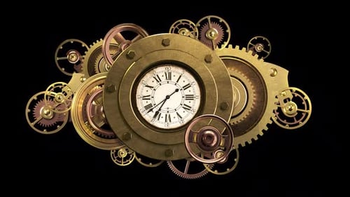 Animated Retro Steampunk Clock and Industrial Gears Mechanism Loop
