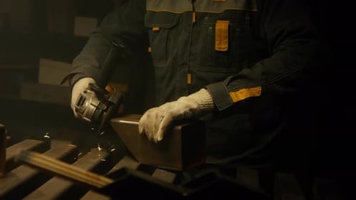 Metal Worker Grinding Steel with Sparks in Workshop