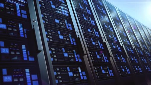 Modern Data Center Server Racks with Blinking Lights