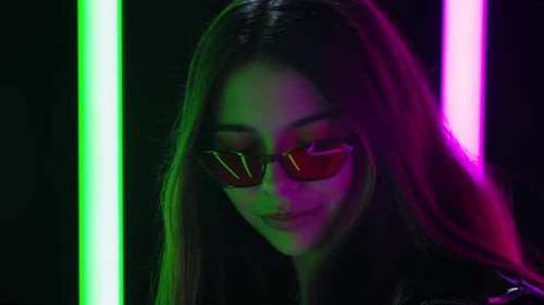 Stylish Woman Posing with Vertical Lights