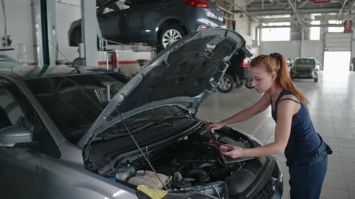Lady Mechanic Working in Car Service