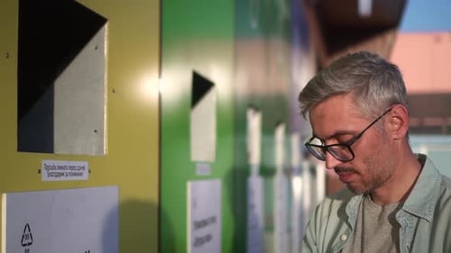 Man Recycling Plastic Container in Urban Setting