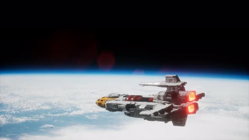 Futuristic Spaceship Flying in Orbit Above Planet Earth